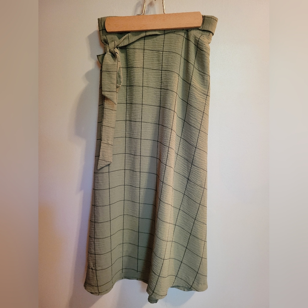 New York Clothing Company Green Window Pane Knee Length Skirt Elastic Tie Small - Picture 1 of 8